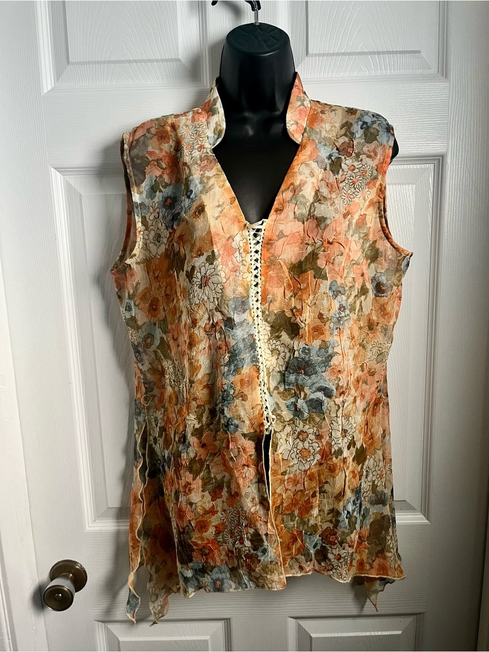 Marie Claire Blouse Top Tank Floral Boho XL V-Neck Belt Sleeveless Women  orange